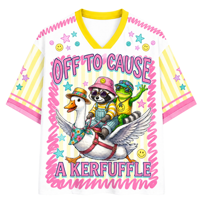 ChaoticClub sarcastic mesh jersey front angle showcasing Off to Cause a Kerfuffle text with playful cartoon animal illustration and star pattern design