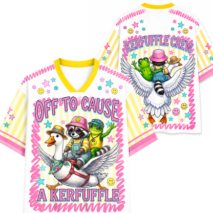 ChaoticClub Off to Cause a Kerfuffle Sarcastic Mesh Jersey front view featuring duck riding goose cartoon graphic with vibrant pink yellow design and bold typography