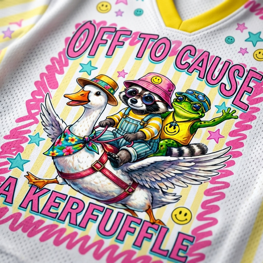 ChaoticClub Off to Cause a Kerfuffle jersey close up showing high quality print detail of cartoon characters and vibrant fabric texture