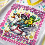 ChaoticClub Off to Cause a Kerfuffle jersey close up showing high quality print detail of cartoon characters and vibrant fabric texture