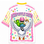 ChaoticClub Off to Cause a Kerfuffle jersey close up showing high quality print detail of cartoon characters and vibrant fabric texture