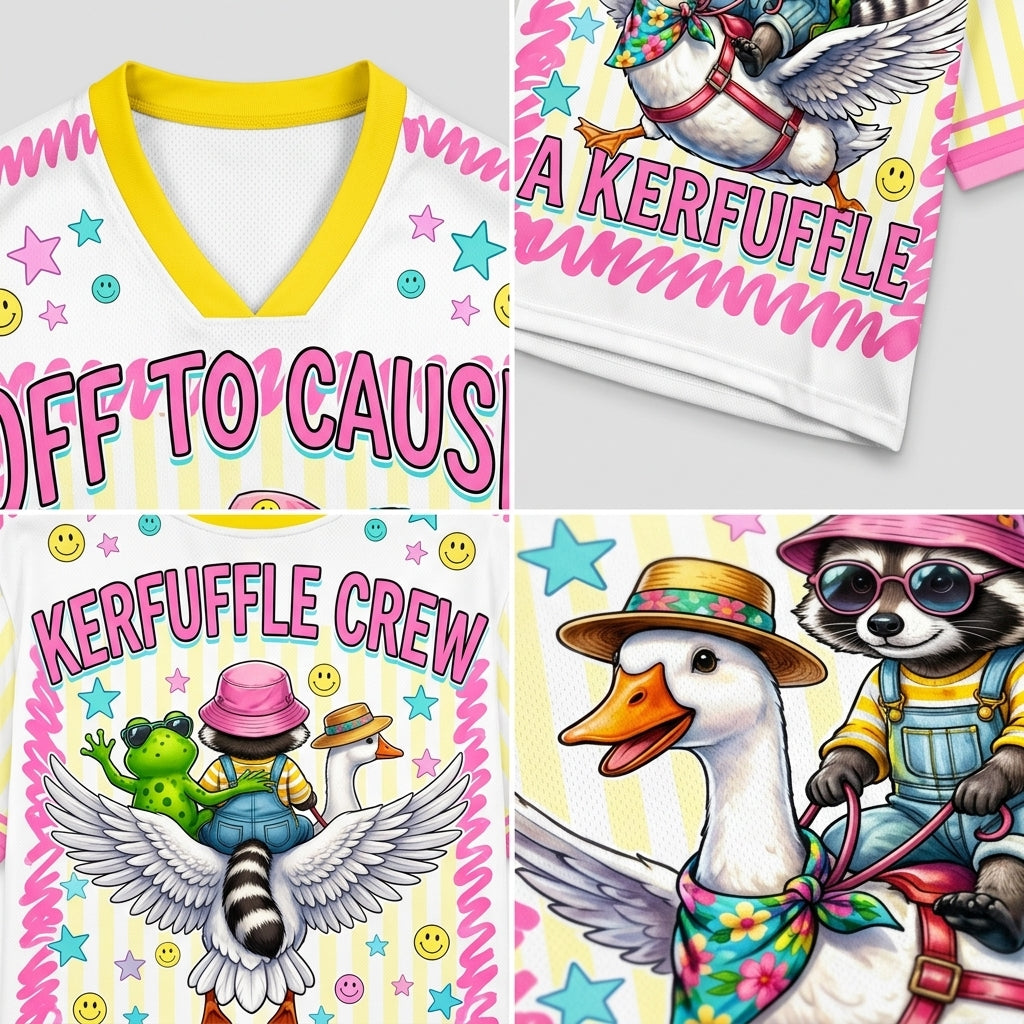 Collage of t-shirts with cartoon characters and text, featuring a duck, raccoon, and frog.
