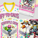 Collage of t-shirts with cartoon characters and text, featuring a duck, raccoon, and frog.
