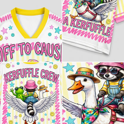 Collage of t-shirts with cartoon characters and text, featuring a duck, raccoon, and frog.