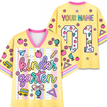 Front and back views of the ChaoticClub Neon Back To School Teacher Striped Mesh Jersey, showcasing the bold neon-striped school graphic on the front and custom name and number personalization on the back.