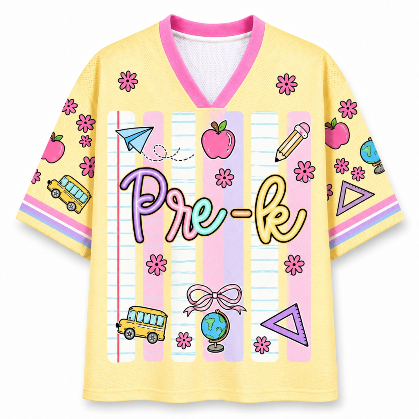 Front view of the ChaoticClub Neon Back To School Teacher Striped Mesh Jersey, featuring bold text on a vibrant background with pink, green, orange, and blue neon stripes, accented by playful school doodles.