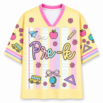 Front view of the ChaoticClub Neon Back To School Teacher Striped Mesh Jersey, featuring bold text on a vibrant background with pink, green, orange, and blue neon stripes, accented by playful school doodles.