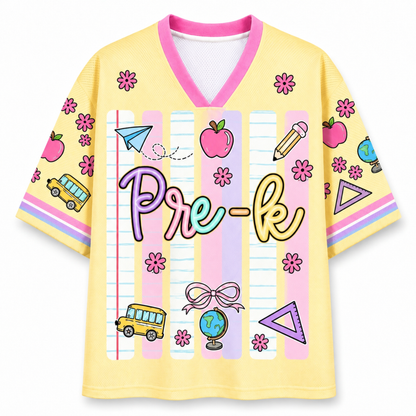Front view of the ChaoticClub Neon Back To School Teacher Striped Mesh Jersey, featuring bold text on a vibrant background with pink, green, orange, and blue neon stripes, accented by playful school doodles.