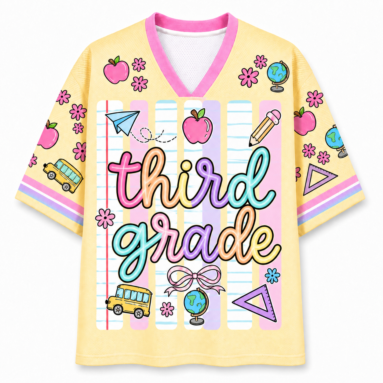 Front view of the ChaoticClub Neon Back To School Teacher Striped Mesh Jersey, featuring bold text on a vibrant background with pink, green, orange, and blue neon stripes, accented by playful school doodles.
