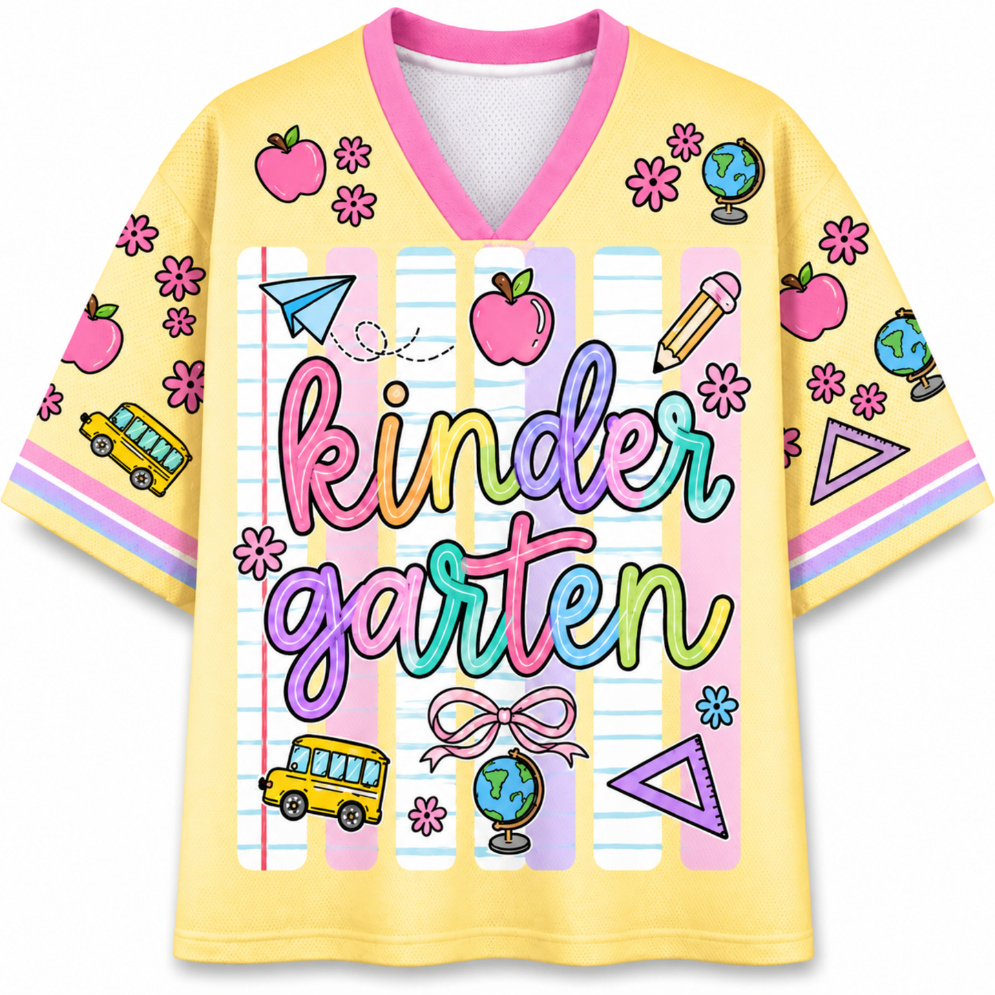 Front view of the ChaoticClub Neon Back To School Teacher Striped Mesh Jersey, featuring bold text on a vibrant background with pink, green, orange, and blue neon stripes, accented by playful school doodles.
