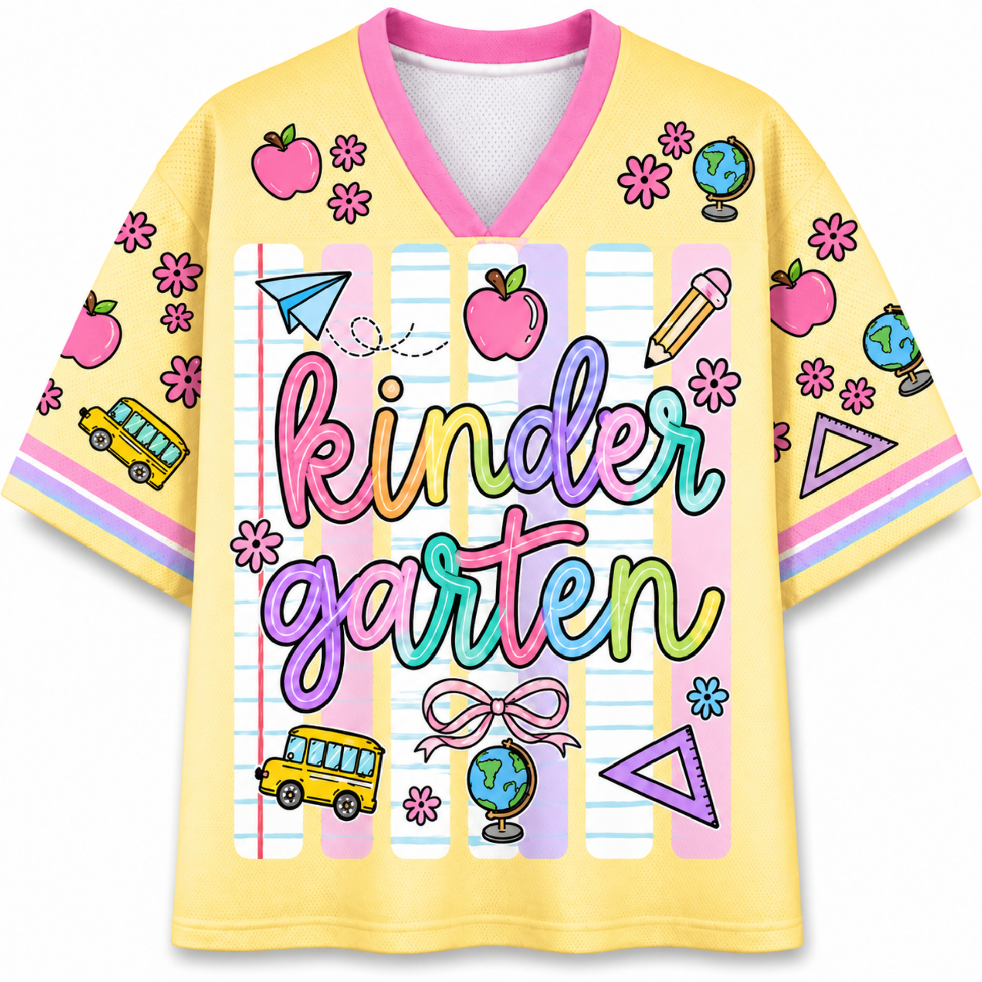 Front view of the ChaoticClub Neon Back To School Teacher Striped Mesh Jersey, featuring bold text on a vibrant background with pink, green, orange, and blue neon stripes, accented by playful school doodles.