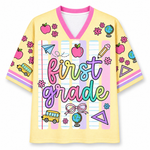 Front view of the ChaoticClub Neon Back To School Teacher Striped Mesh Jersey, featuring bold text on a vibrant background with pink, green, orange, and blue neon stripes, accented by playful school doodles.