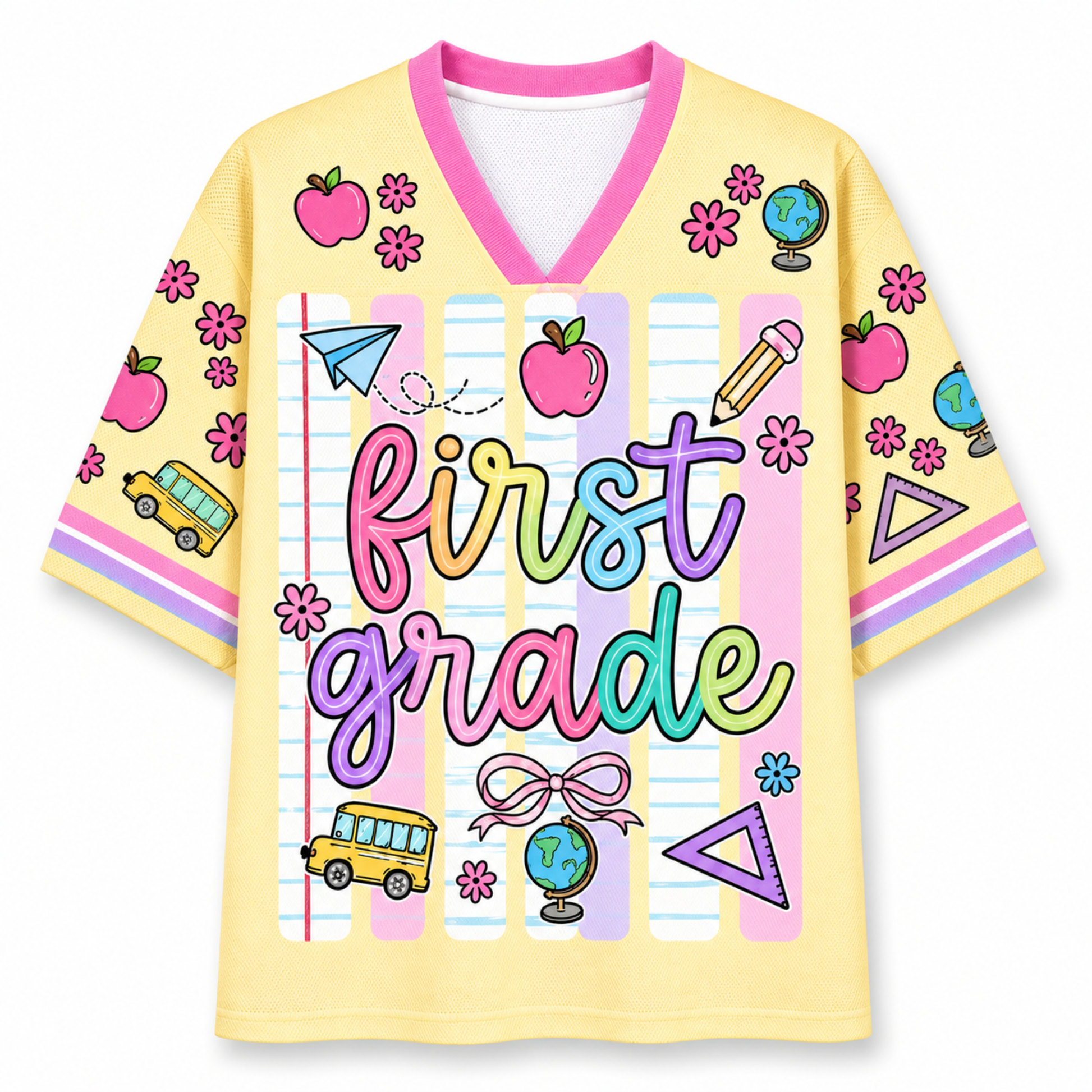 Front view of the ChaoticClub Neon Back To School Teacher Striped Mesh Jersey, featuring bold text on a vibrant background with pink, green, orange, and blue neon stripes, accented by playful school doodles.