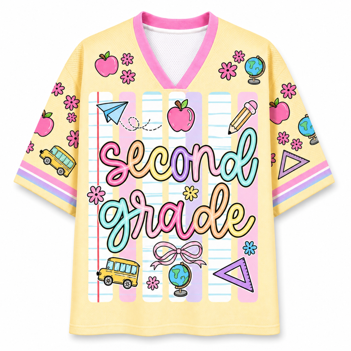 Front view of the ChaoticClub Neon Back To School Teacher Striped Mesh Jersey, featuring bold text on a vibrant background with pink, green, orange, and blue neon stripes, accented by playful school doodles.