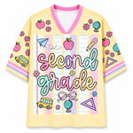 Front view of the ChaoticClub Neon Back To School Teacher Striped Mesh Jersey, featuring bold text on a vibrant background with pink, green, orange, and blue neon stripes, accented by playful school doodles.