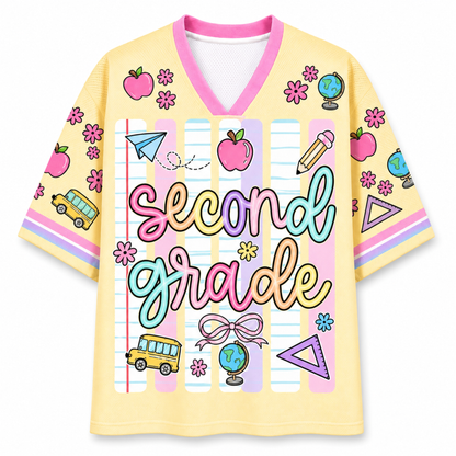 Front view of the ChaoticClub Neon Back To School Teacher Striped Mesh Jersey, featuring bold text on a vibrant background with pink, green, orange, and blue neon stripes, accented by playful school doodles.
