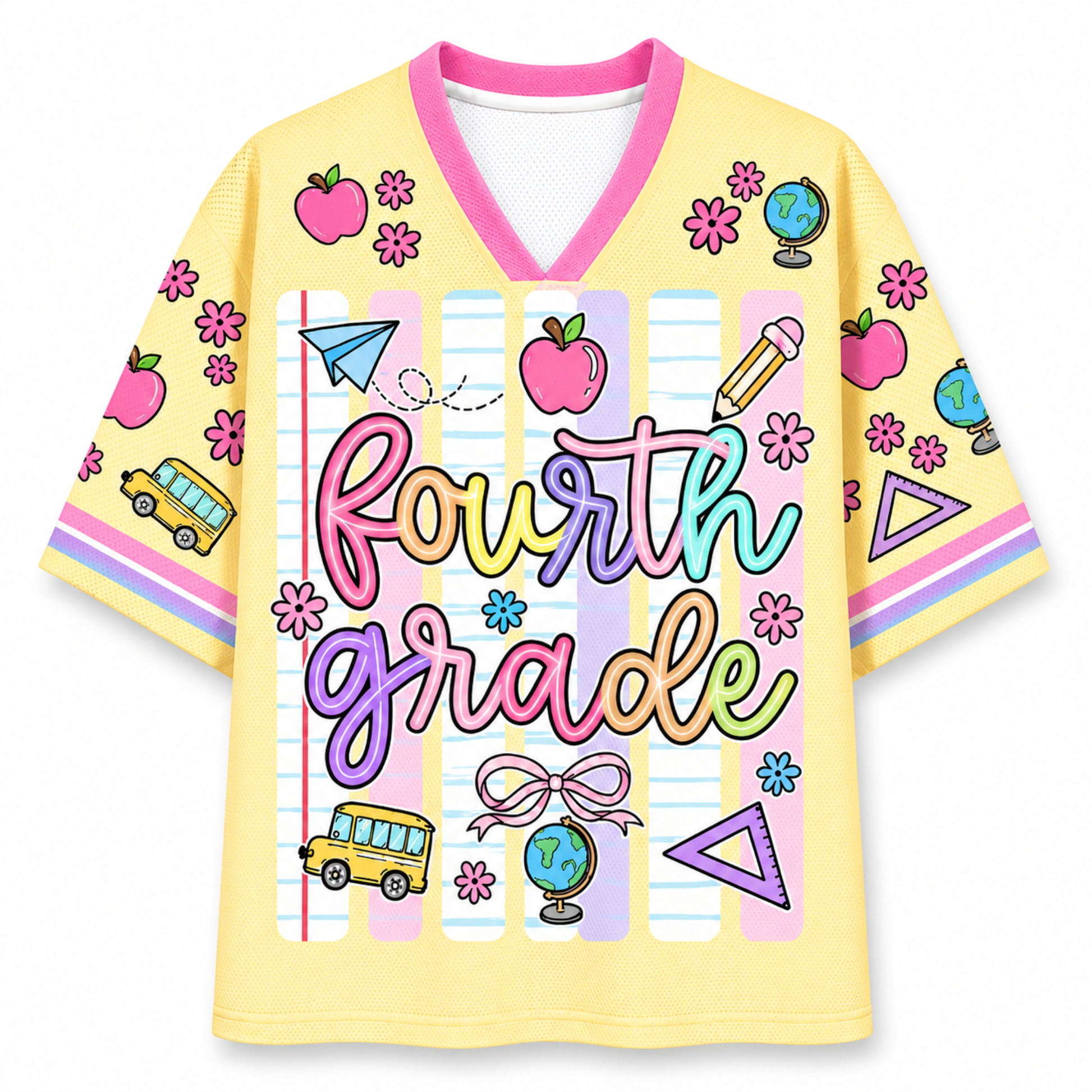 Front view of the ChaoticClub Neon Back To School Teacher Striped Mesh Jersey, featuring bold text on a vibrant background with pink, green, orange, and blue neon stripes, accented by playful school doodles.