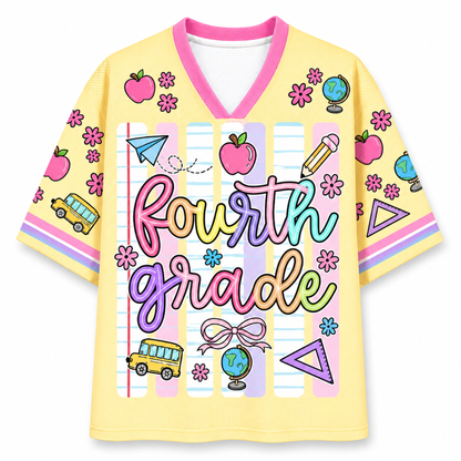 Front view of the ChaoticClub Neon Back To School Teacher Striped Mesh Jersey, featuring bold text on a vibrant background with pink, green, orange, and blue neon stripes, accented by playful school doodles.