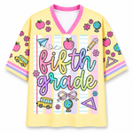 Front view of the ChaoticClub Neon Back To School Teacher Striped Mesh Jersey, featuring bold text on a vibrant background with pink, green, orange, and blue neon stripes, accented by playful school doodles.