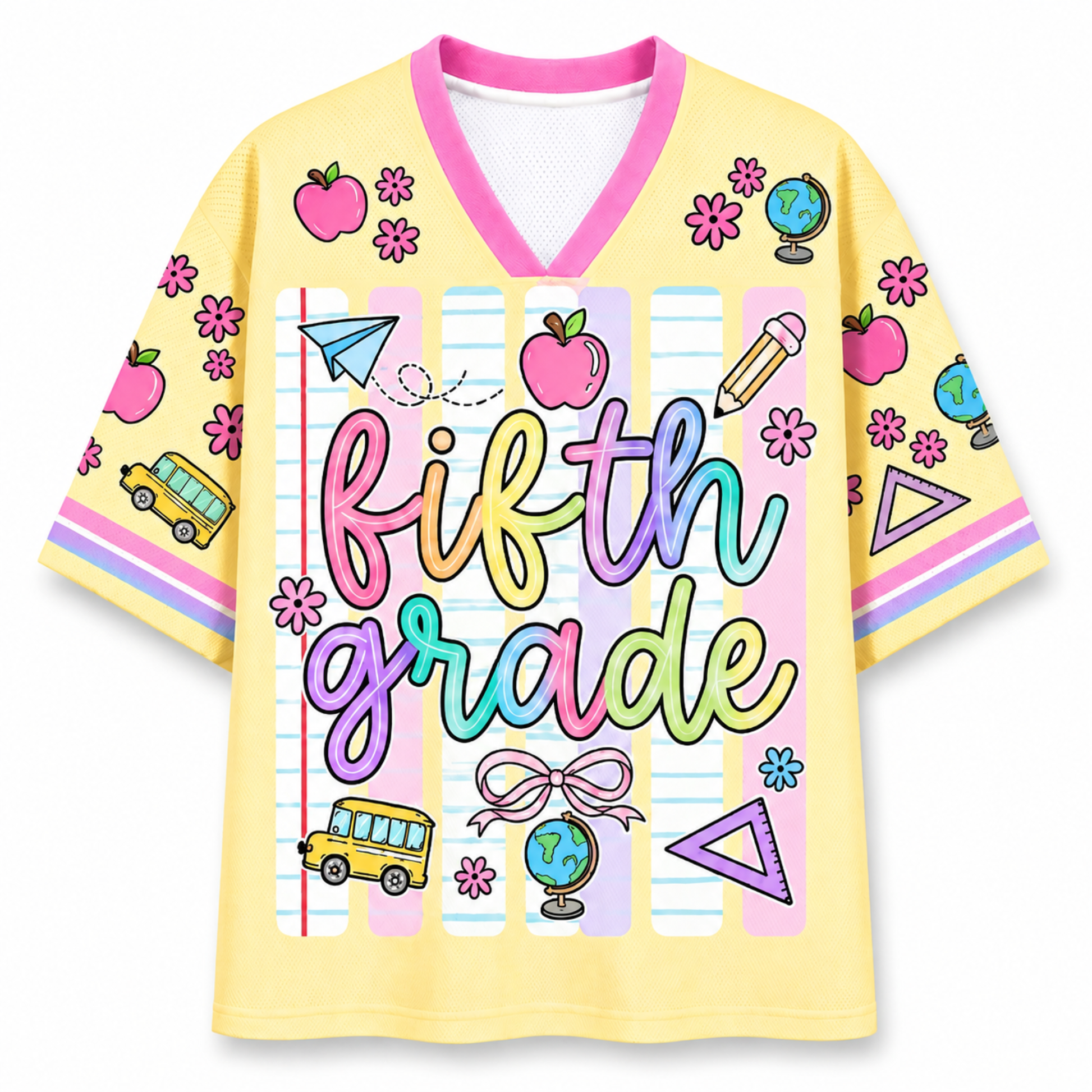 Front view of the ChaoticClub Neon Back To School Teacher Striped Mesh Jersey, featuring bold text on a vibrant background with pink, green, orange, and blue neon stripes, accented by playful school doodles.