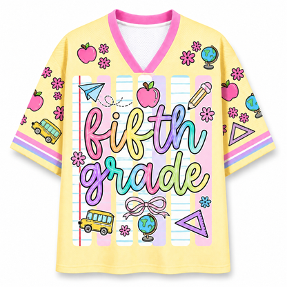 Front view of the ChaoticClub Neon Back To School Teacher Striped Mesh Jersey, featuring bold text on a vibrant background with pink, green, orange, and blue neon stripes, accented by playful school doodles.