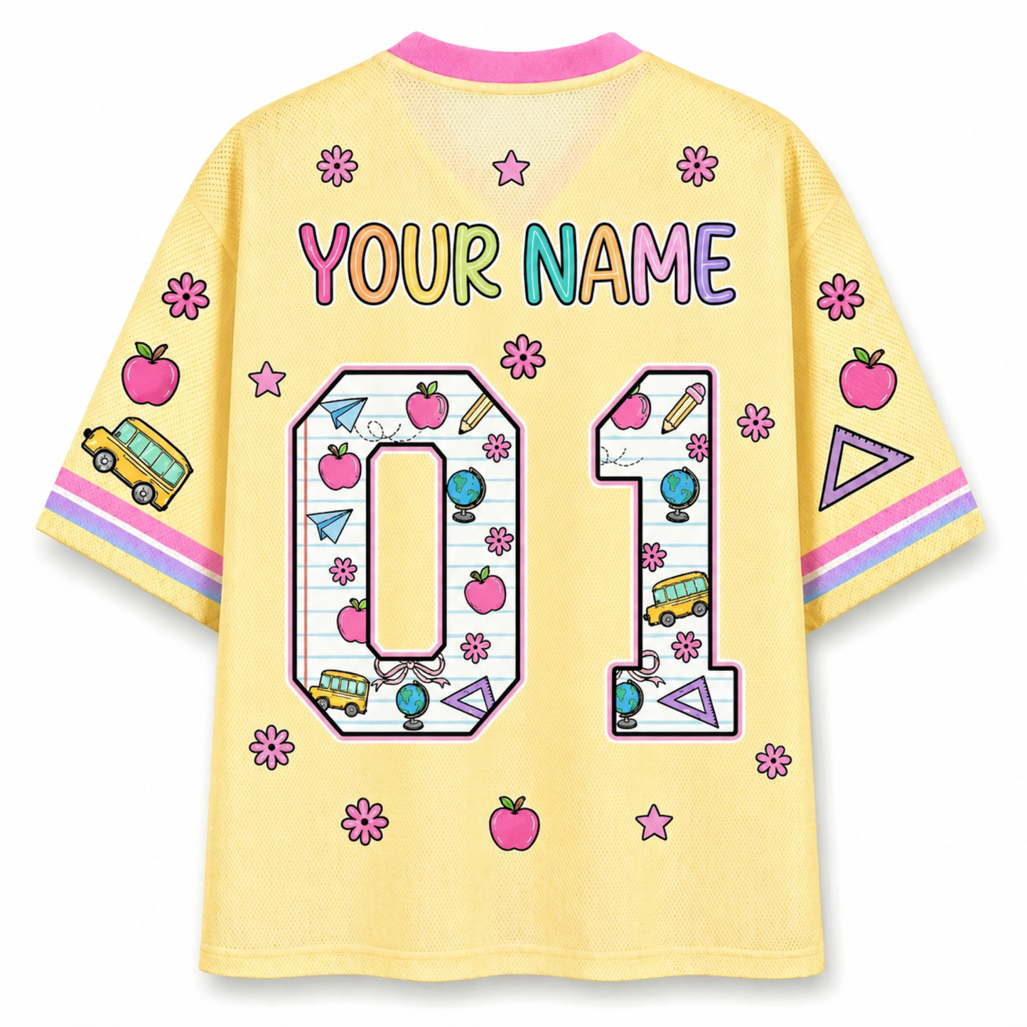 Back view of the ChaoticClub Neon Back To School Teacher Striped Mesh Jersey, displaying customizable name and number text over a striking background of bright pink, orange, blue, and green neon stripes.