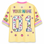 Back view of the ChaoticClub Neon Back To School Teacher Striped Mesh Jersey, displaying customizable name and number text over a striking background of bright pink, orange, blue, and green neon stripes.