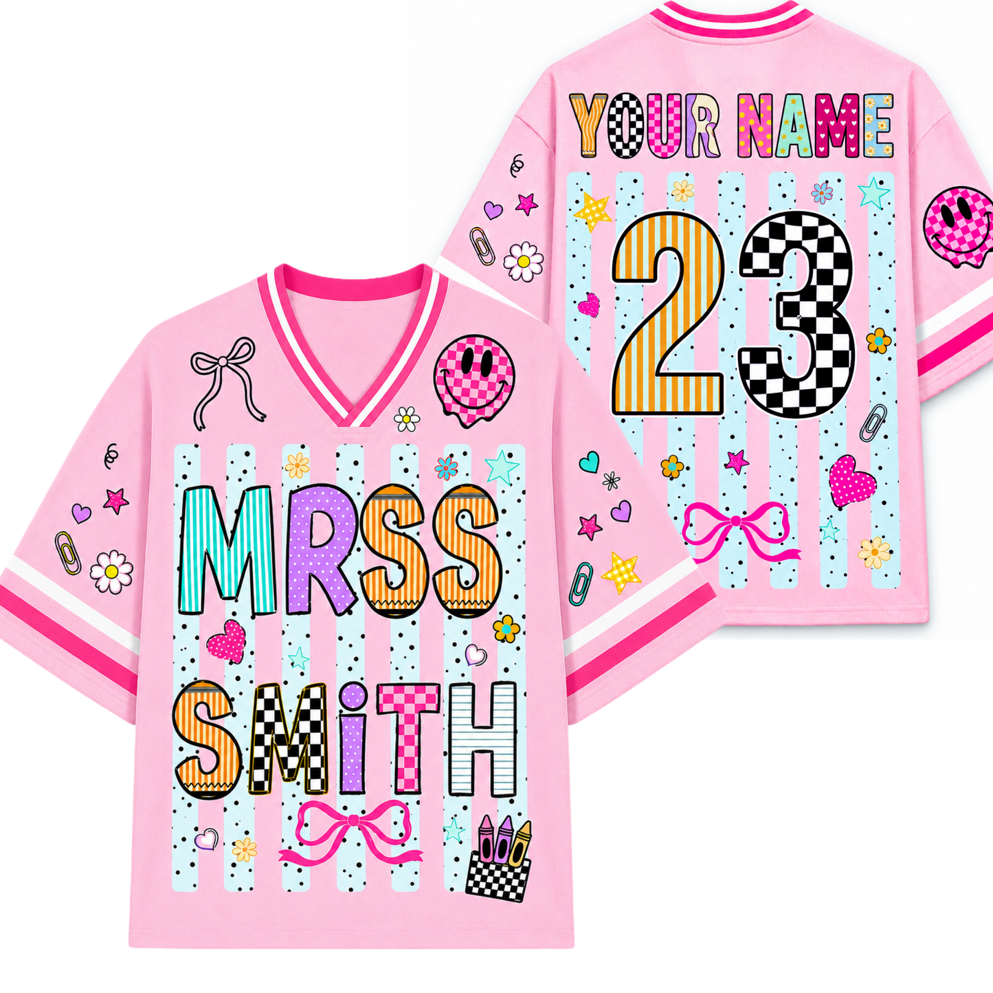 Pink sports jersey with customizable text on a white background