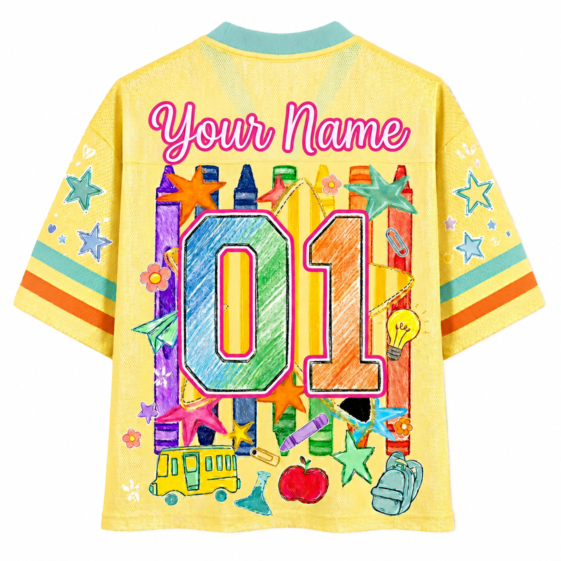 Colorful children's shirt with number 01 and crayon design on a yellow background