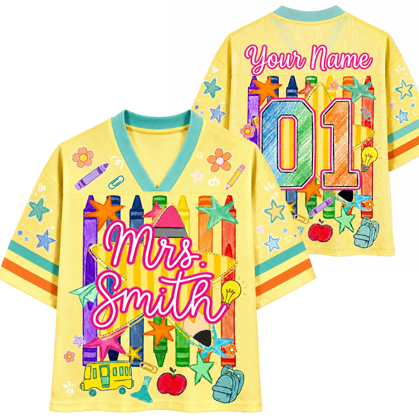 Colorful shirt with educational graphics and 'Your Name' text on a white background