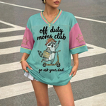 ChaoticClub Off Duty Moms Club Raccoon Mesh Jersey, vintage athletic oversized jersey on teal, pink, and yellow breathable mesh featuring a happy raccoon on a scooter with a tote bag and "off duty moms club go ask your dad" funny sarcastic text.