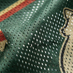 ChaoticClub Off To Commit Tomfoolery Mesh Jersey, vintage athletic oversized jersey on forest green and cream breathable mesh featuring a raccoon riding a scooter with "Off to commit tomfoolery" funny sarcastic text.