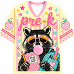 Front view of the ChaoticClub Pastel Bubblegum Raccoon Teacher Mesh Jersey, featuring a cute raccoon in pink sunglasses blowing bubblegum, a blue backpack, and bold "pre-k" text on a pastel striped background.