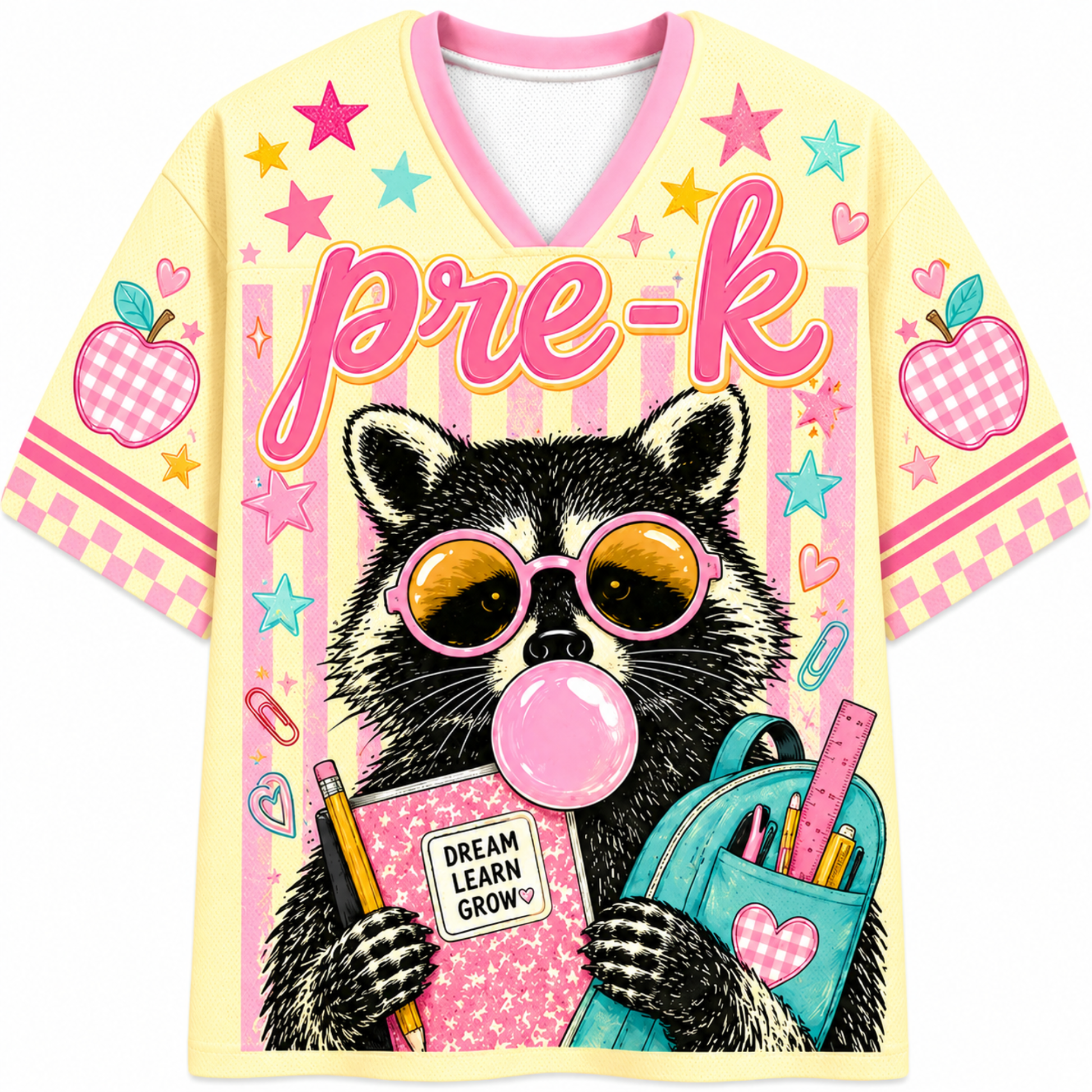 Front view of the ChaoticClub Pastel Bubblegum Raccoon Teacher Mesh Jersey, featuring a cute raccoon in pink sunglasses blowing bubblegum, a blue backpack, and bold "pre-k" text on a pastel striped background.