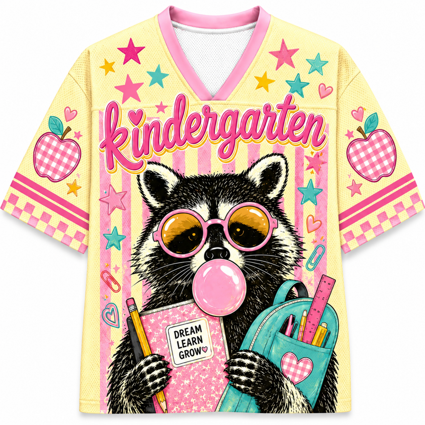 Front view of the ChaoticClub Pastel Bubblegum Raccoon Teacher Mesh Jersey, featuring a cute raccoon in pink sunglasses blowing bubblegum, a blue backpack, and bold "kindergarten" text on a pastel striped background.