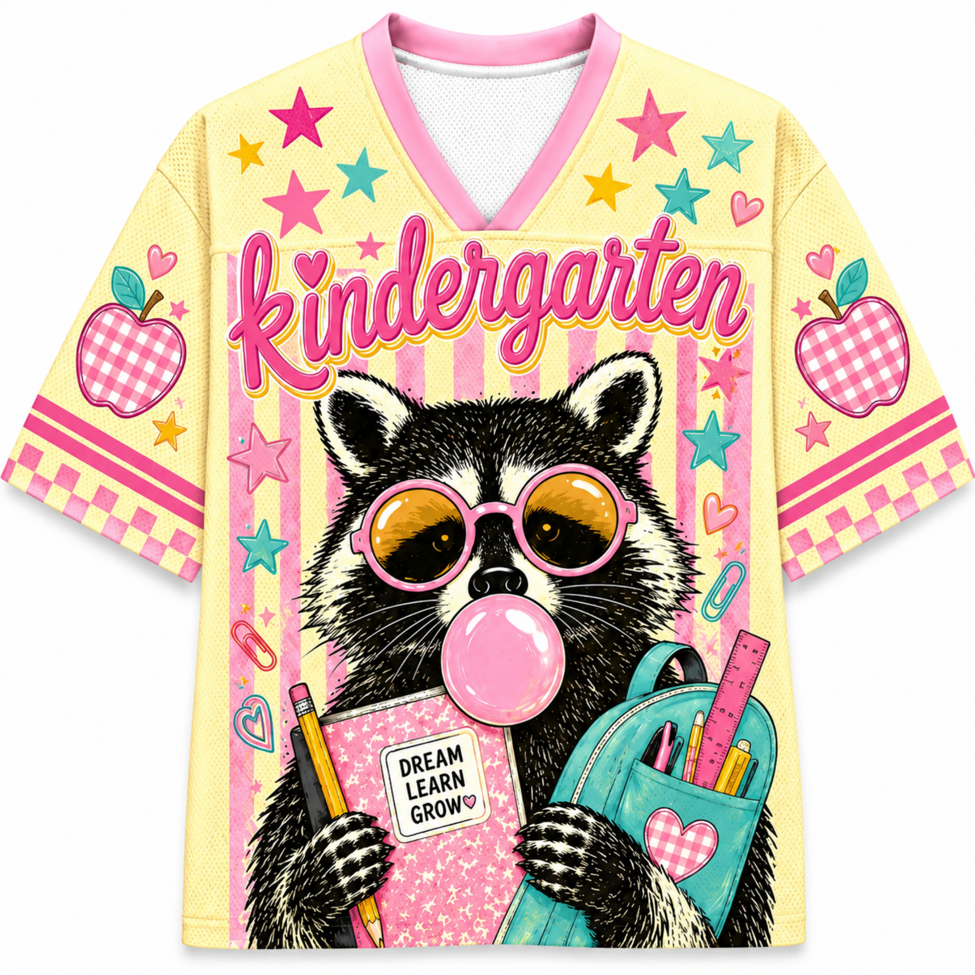 Front view of the ChaoticClub Pastel Bubblegum Raccoon Teacher Mesh Jersey, featuring a cute raccoon in pink sunglasses blowing bubblegum, a blue backpack, and bold "kindergarten" text on a pastel striped background.