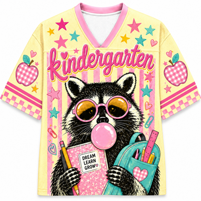 Front view of the ChaoticClub Pastel Bubblegum Raccoon Teacher Mesh Jersey, featuring a cute raccoon in pink sunglasses blowing bubblegum, a blue backpack, and bold "kindergarten" text on a pastel striped background.