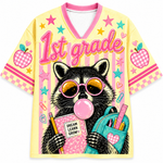 Front view of the ChaoticClub Pastel Bubblegum Raccoon Teacher Mesh Jersey, featuring a cute raccoon in pink sunglasses blowing bubblegum, a blue backpack, and bold "1st grade" text on a pastel striped background.