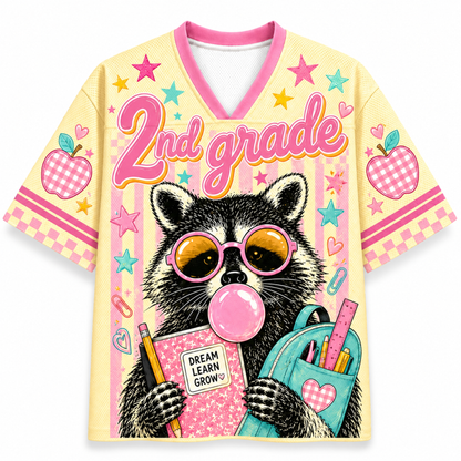Front view of the ChaoticClub Pastel Bubblegum Raccoon Teacher Mesh Jersey, featuring a cute raccoon in pink sunglasses blowing bubblegum, a blue backpack, and bold "2nd grade" text on a pastel striped background.