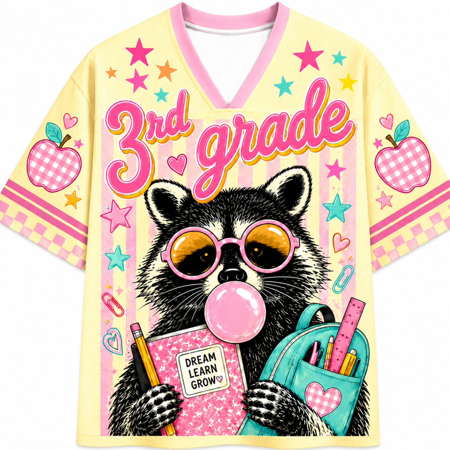 Front view of the ChaoticClub Pastel Bubblegum Raccoon Teacher Mesh Jersey, featuring a cute raccoon in pink sunglasses blowing bubblegum, a blue backpack, and bold "3rd grade" text on a pastel striped background.