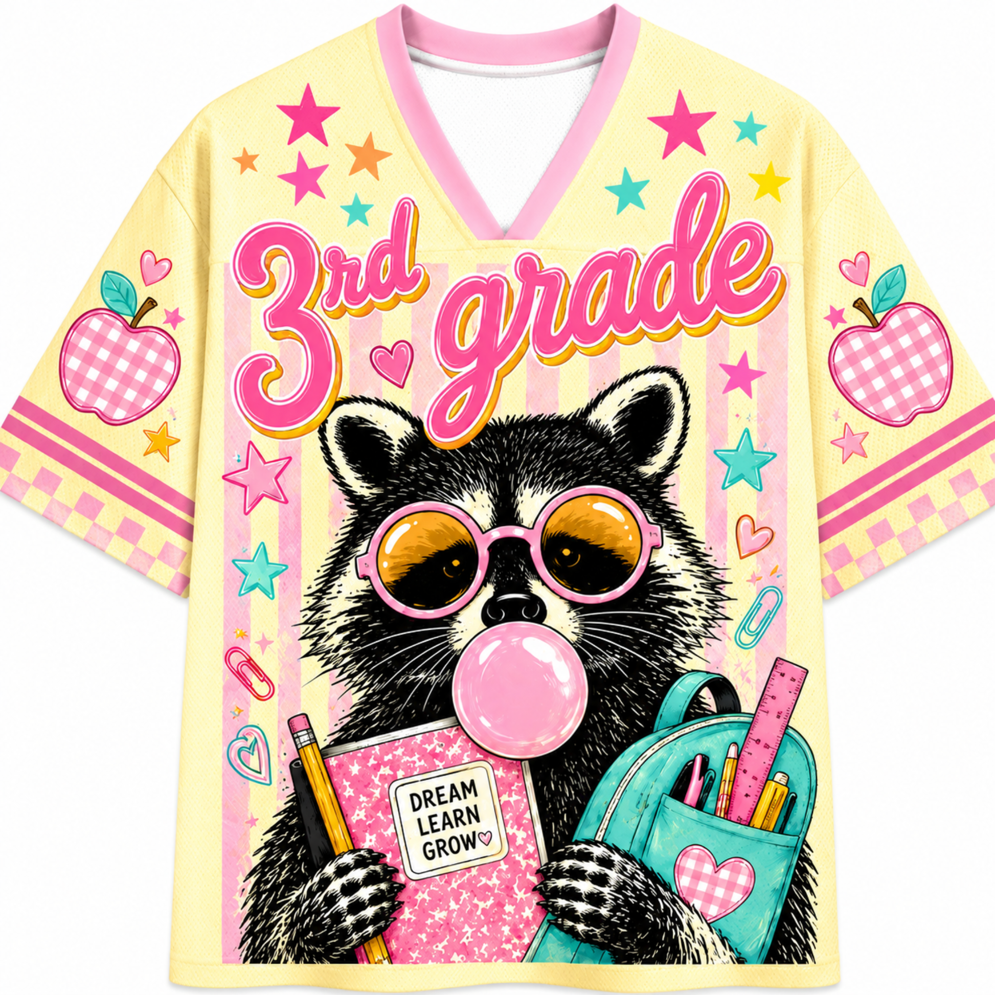 Front view of the ChaoticClub Pastel Bubblegum Raccoon Teacher Mesh Jersey, featuring a cute raccoon in pink sunglasses blowing bubblegum, a blue backpack, and bold "3rd grade" text on a pastel striped background.