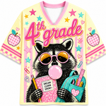 Front view of the ChaoticClub Pastel Bubblegum Raccoon Teacher Mesh Jersey, featuring a cute raccoon in pink sunglasses blowing bubblegum, a blue backpack, and bold "4th grade" text on a pastel striped background.