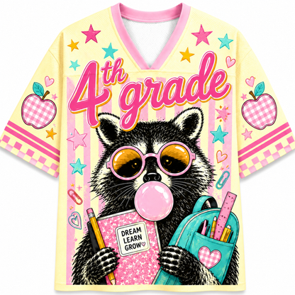 Front view of the ChaoticClub Pastel Bubblegum Raccoon Teacher Mesh Jersey, featuring a cute raccoon in pink sunglasses blowing bubblegum, a blue backpack, and bold "4th grade" text on a pastel striped background.