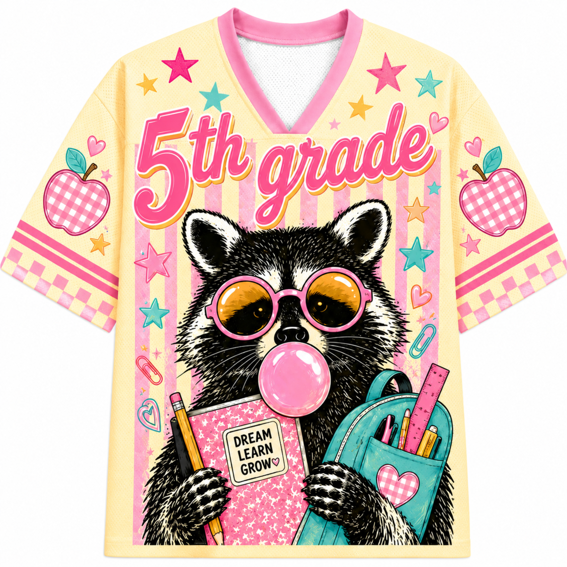 Front view of the ChaoticClub Pastel Bubblegum Raccoon Teacher Mesh Jersey, featuring a cute raccoon in pink sunglasses blowing bubblegum, a blue backpack, and bold "5th grade" text on a pastel striped background.