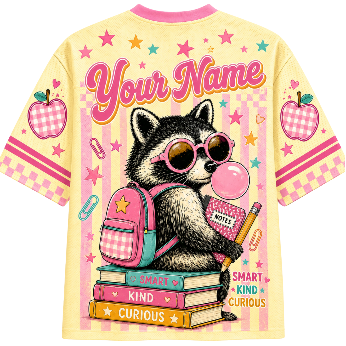 Back view of the ChaoticClub Pastel Bubblegum Raccoon Teacher Mesh Jersey, displaying a customizable "Your Name" text above a raccoon sitting on a stack of books with "Smart Kind Curious" text.
