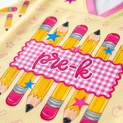 preppy mesh jersey close up showing breathable Bird’s Eye Pique fabric with pencil illustrations and high quality print detail