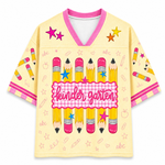 Children's jersey with pencils and 'kindergarten' text on a yellow background