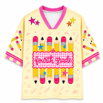 Children's jersey with 'fourth grade' text and pencil design on a white background