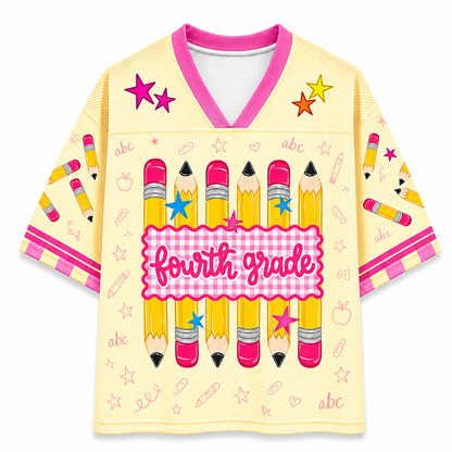 Children's jersey with 'fourth grade' text and pencil design on a white background