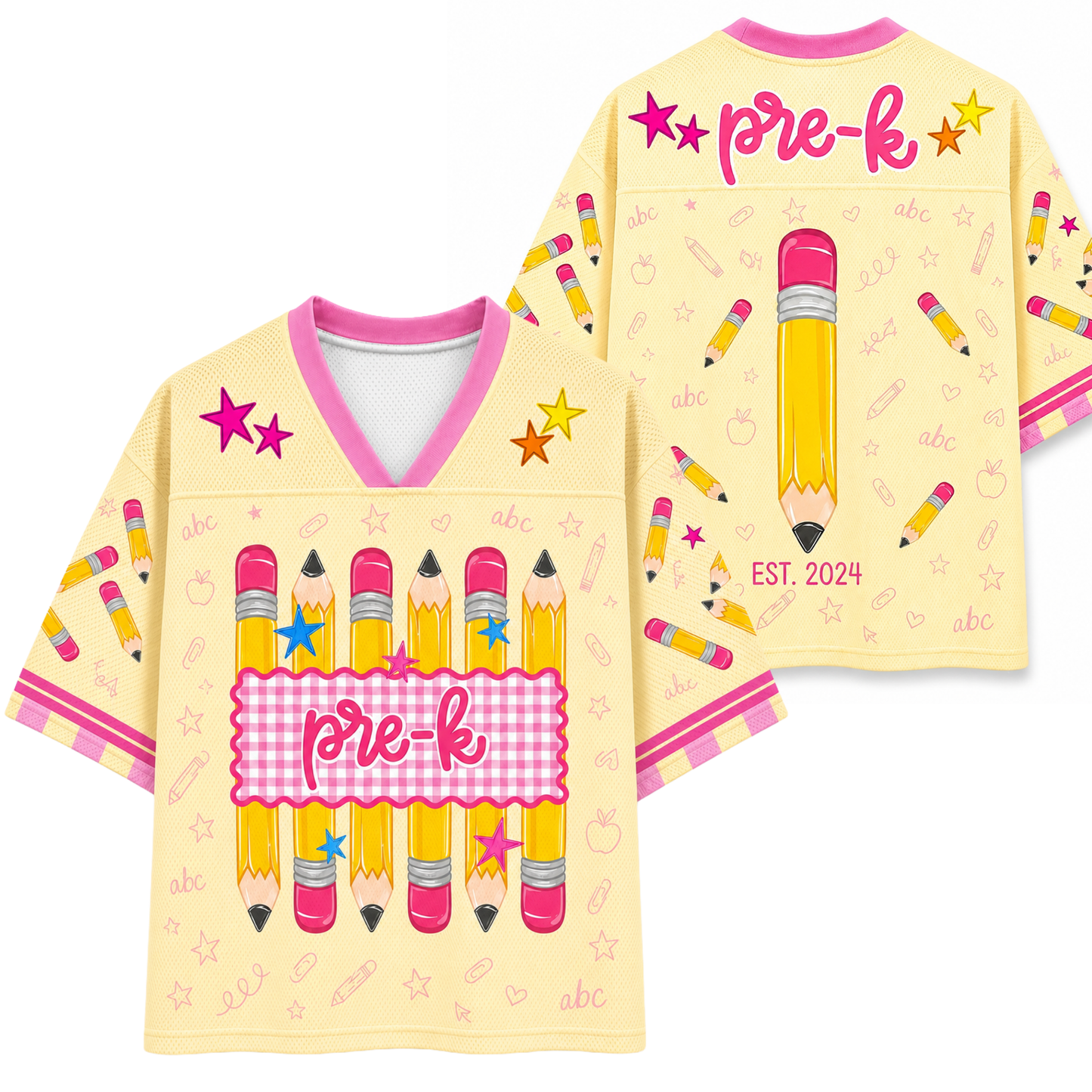Two yellow t-shirts with pencil designs and 'pre-k' text on a white background